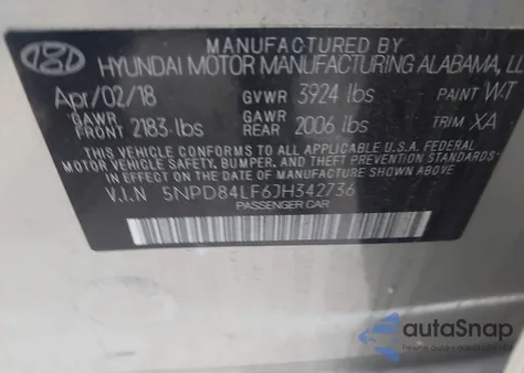 2018 Hyundai Elantra Sel z USA, uszkodzony, nr VIN 5NPD84LF6JH342736